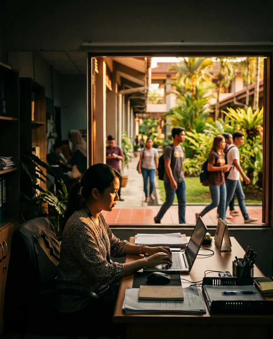 A college administrator works on a laptop while students walk along an open-air campus corridor.