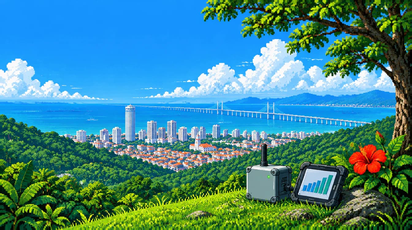 Pixel-art view from Penang Hill over George Town and the Penang Bridge.