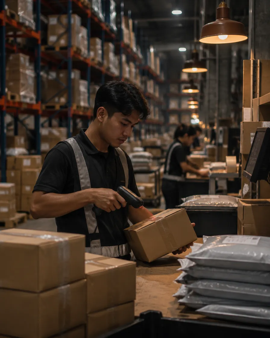 A warehouse packer scans a parcel at a packing station surrounded by boxes and shelving.
