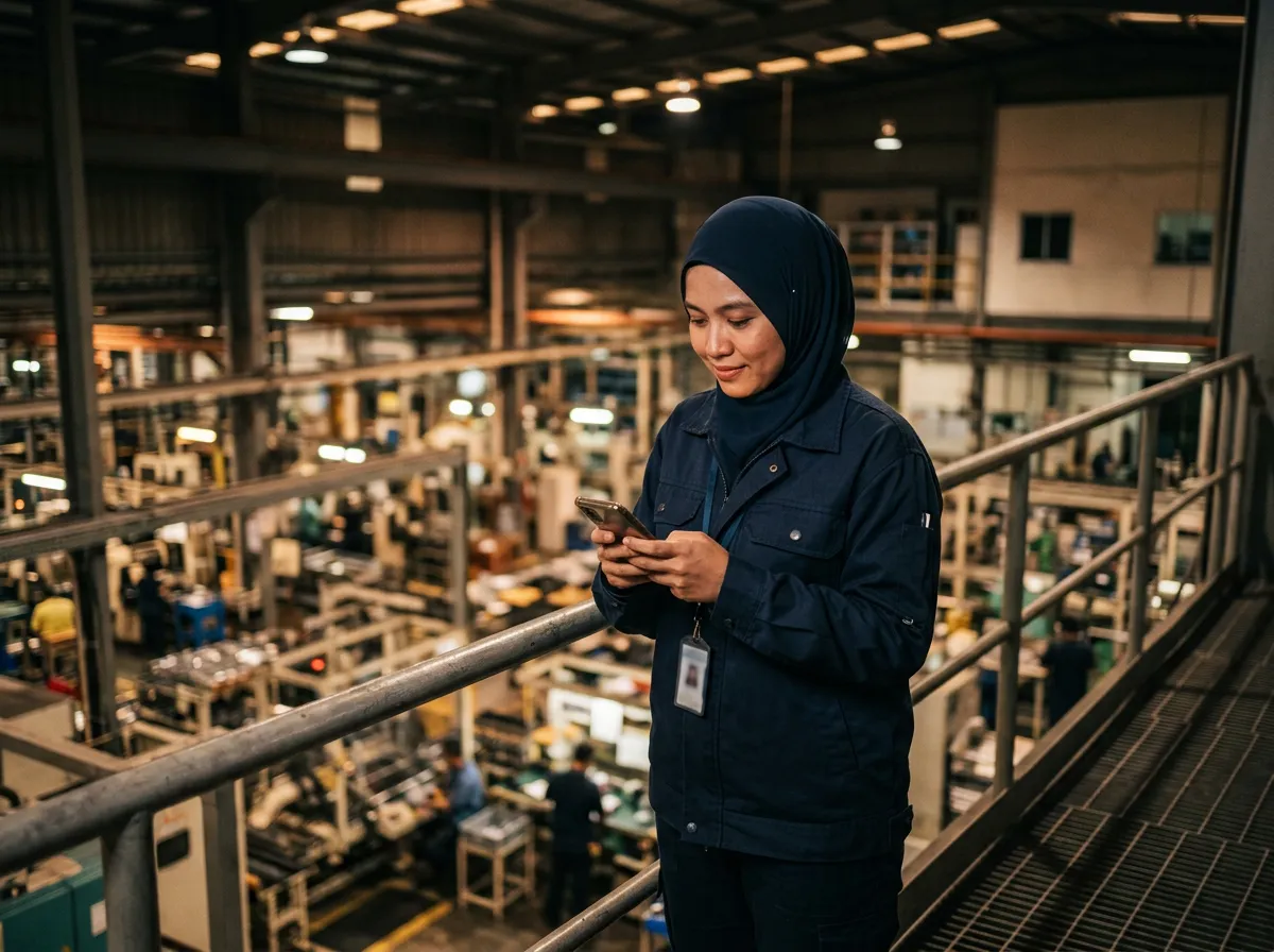 An operations supervisor on a factory mezzanine reads a message on her phone.