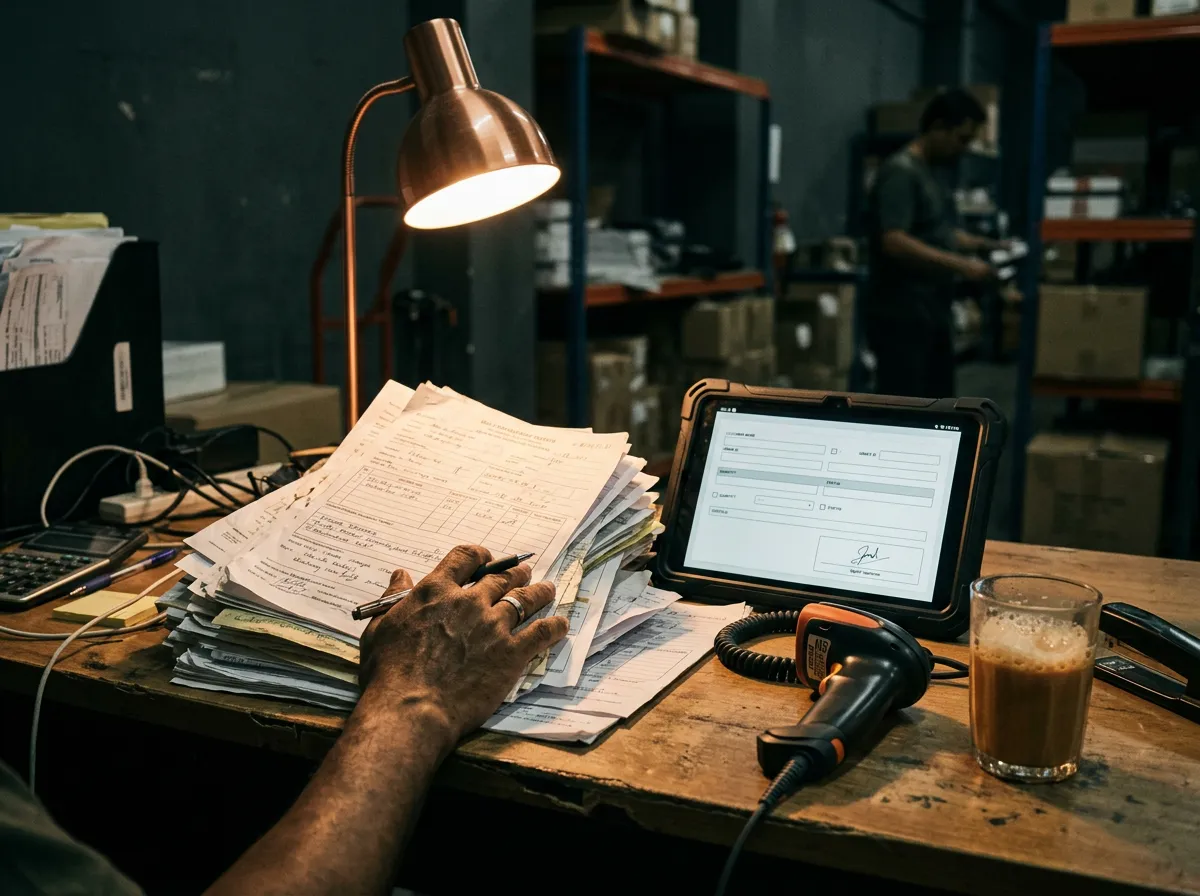 A stack of paper delivery orders beside a rugged tablet showing a digital form on a warehouse desk.