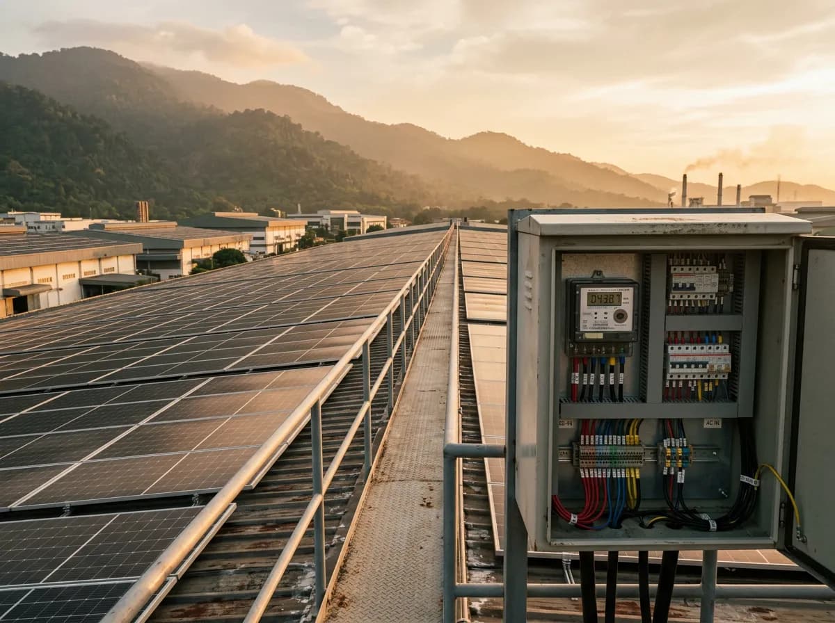 Solar panels on a factory roof at sunset beside an open cabinet with an energy sub-meter.