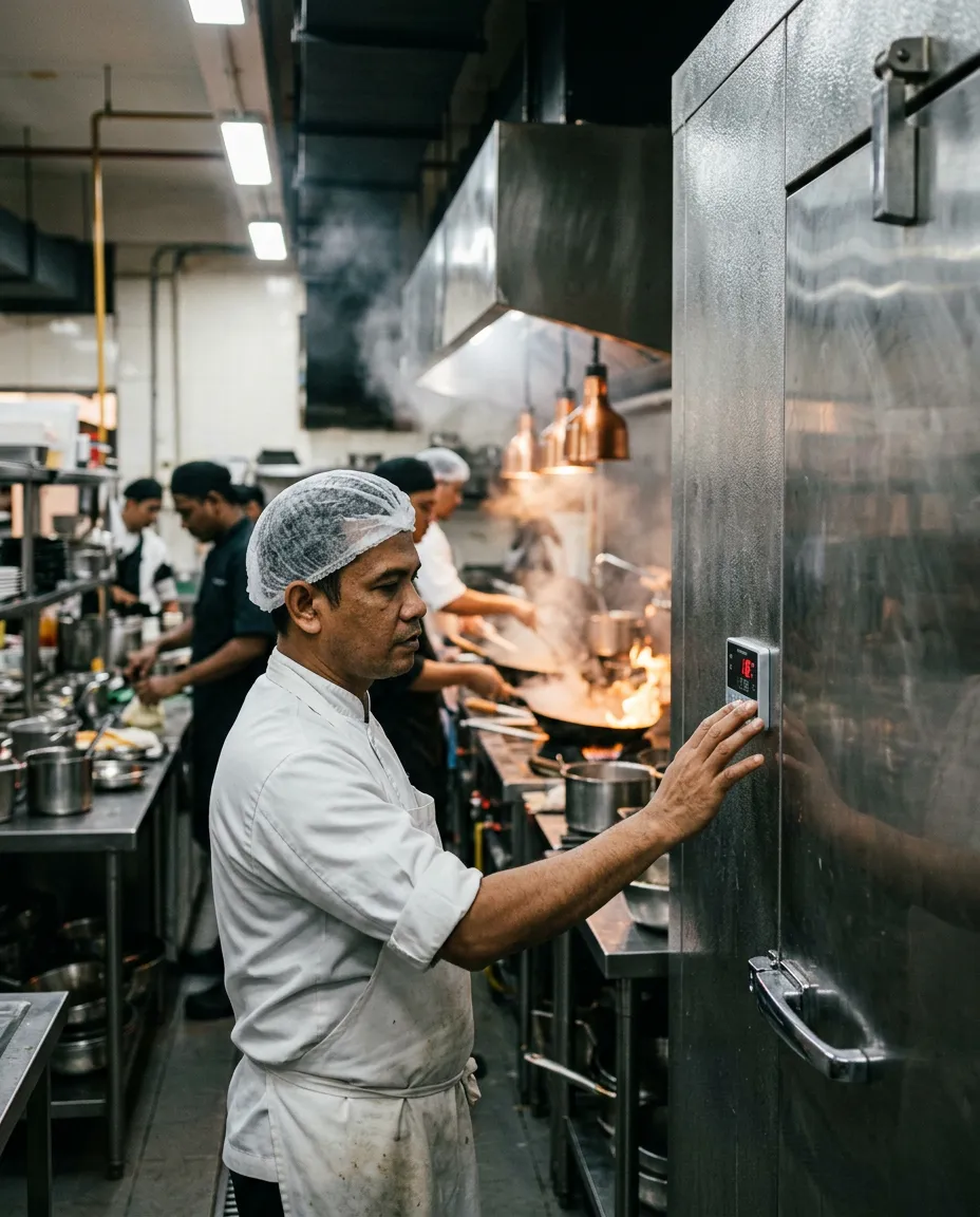 A chef checks the temperature display on a walk-in chiller in a busy central kitchen.