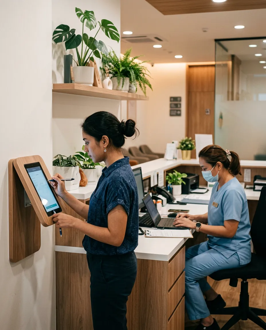 A patient checks in on a tablet kiosk at a clinic reception while a nurse works at the counter.