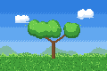 A pixel-art rain tree with a wide green canopy.